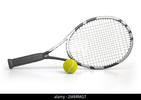 Tennisschläger und Tennisball isoliert auf weißem Hintergrund. 3D Abbildung Stockfoto