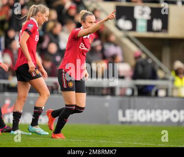 Martha Thomas #9 von Manchester United feiert ein Ergebnis, das beim Fa Women's Super League-Spiel Manchester United Women vs Liverpool Women im Leigh Sports Village, Leigh, Großbritannien, 15. Januar 2023 5-0 wird (Foto von Steve Flynn/News Images) Stockfoto