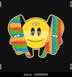 Menschlicher Kopf, Lächeln Gesicht Emoji. Vektor handgezeichnete Zeichentrickfigur. Lächeln, drittes Augenmuster für T-Shirt, Poster, Kartenkonzept Stock Vektor