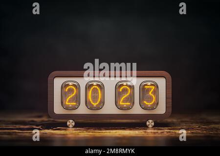 Frohes Neues 2023. Jahr. Klassische Nixie-Uhr mit 2023. 3D Abbildung Stockfoto