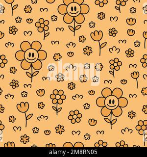 Süßes, lustiges Kawaii-Lächeln Gesicht Blumen auf grünem Hintergrund nahtlose Musterkunst. Vektor-Cartoon Kawaii-Figur-Illustrationsdesign. Positives Vintage-Lächeln Gesicht Kamillenblume nahtloses Muster Konzept Stock Vektor