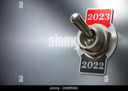 Neujahrswechsel 2023. Klassischer Umschalter mit den Zahlen 2022 und 2023. 3D Abbildung Stockfoto