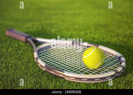 Tennisschläger und Tennisball auf einem Tennisplatz. 3D Abbildung Stockfoto