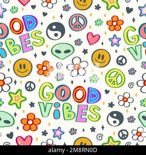 Gute Vibes Handgemalte Nahtloses Muster. Vector Doodle Modemagazin. Hippie, Yin Yang, 60s, Smile Face, groovy, Good Vibes Modedruck Nahtloses Musterkonzept Stock Vektor