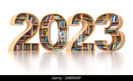 Frohes neues Schulkonzept 2023. Bücherregale mit Büchern in Textform 2023. 3D Abbildung Stockfoto
