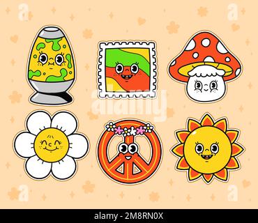 Lustige Hippie-Sticker-Set. Zeichentrickzeichner mit Vektorlinien. 60s „Hippie“-Sticker-Set-Kollektion Stock Vektor