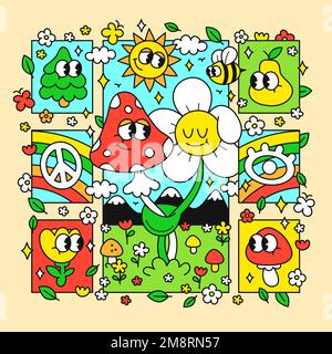 Lustiger Blumen- und Pilz-T-Shirt-Druck. Kawaii-Zeichentrickzeichner mit Vektorlinien. 60s Hippie-Stil, Natur, Wald, Pilze, Blumendruck für T-Shirt, T-Shirt, Poster, Kartenkonzept Stock Vektor