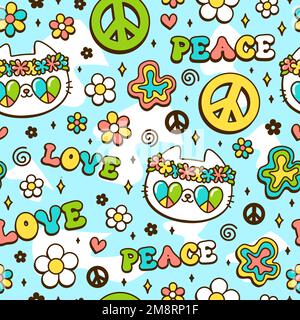 Süße Katze, Peace-Hippie-Symbol in Blütenmuster. Vector handgezeichnet Kawaii trendy Cartoon Illustration. Hippie Katze, 60s, 70s, groovy Mode Muster nahtlos Stock Vektor
