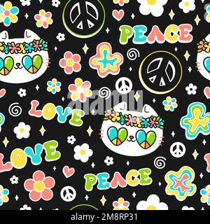 Süße Katze, Peace-Hippie-Symbol in Blütenmuster. Vector handgezeichnet Kawaii trendy Cartoon Illustration. Hippie Katze, 60s, 70s, groovy Mode Muster nahtlos Stock Vektor