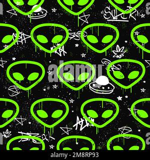 Alien Neonkopf nahtloses Muster.Vektor handgezeichnete Kritzellinien Zeichnungssymbol.Alien,Graffiti,ufo,Neonhintergrund nahtloses Muster Konzept Stock Vektor