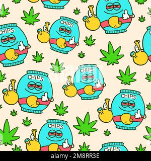 Lustige Marihuanablätter und Chips, nahtloses Muster. Vector Kawaii-Zeichentrickfilm-Design. Gras, Cannabis, Marihuana, Chips, Bong-Hintergrundbild mit nahtlosem Muster Stock Vektor