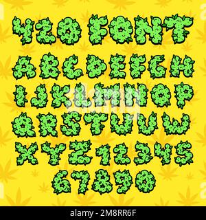 Cannabisbriefe Font.Vector handgezeichnete Cartoon-Illustration. Lustiger Trippy, Cannabis, Marihuana, Weed Bud, 420, Rasta-Aufdruck für T-Shirt, Poster, Logo Art Konzept Stock Vektor