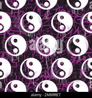 Graffiti und Yin Yang nahtlose Tapetenmuster. Vektor Grafik Hintergrund Illustration. Graffiti Schriftzug, Yin Yang. Urbane Kunst Nahtloses Muster Tapetenmuster Konzept Stock Vektor