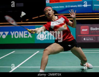 Kuala Lumpur, Malaysia. 15. Januar 2023. An SE Young of Korea spielt gegen Akane Yamaguchi von Japan während des Finalspiels der Frauen bei den Petronas Malaysia Open 2023 in der Axiata Arena. Akane Yamaguchi von Japan gewann mit Punkten; 12/21/21 : 21/19/11 Kredit: SOPA Images Limited/Alamy Live News Stockfoto