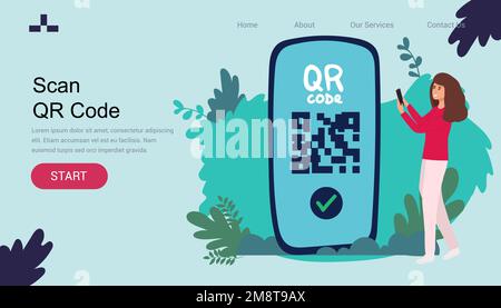 Bannerlandidng Seite QR-Code-Scan-Symbol auf Smartphone. Hand Halten Mobiltelefon in Linienform, Barcode-Scanner für Bezahlung, Web, mobile App, Aktion. Ve Stock Vektor
