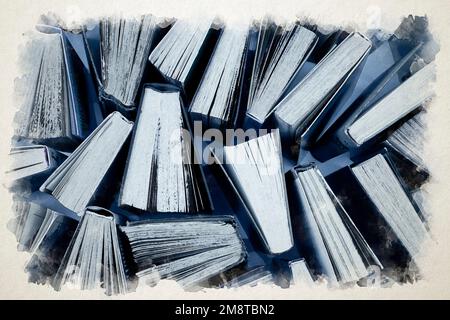 Hintergrund der Aquarellfarben des Buchs. Bücher in der Bibliothek. Bücherregal-Laden. Wissensveröffentlichungen, Literatur. Buchladen Buchladen. Flache Draufsicht. Kunstkonzept Stockfoto