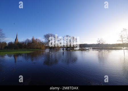 Der Fluss Avon in Salisbury Wiltshire platzt seine Ufer nach Wochen sintflutartiger Regenfälle im Südwesten des Vereinigten Königreichs bis Januar 2023. Zu Beginn des Neujahrs 2023 gab es Wochen des Regens, in denen die Flüsse in Großbritannien ihre Ufer zu platzen begannen. Der Fluss Avon gehörte dazu. Stockfoto