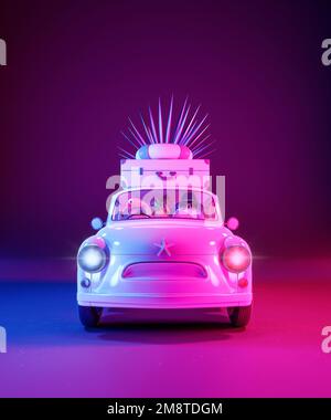 Farbenfrohes Auto mit Gepäck und Strandaccessoires im Studio mit leuchtenden Neonlichtern. Modernes Sommerreisekonzept 3D-Rendering Stockfoto