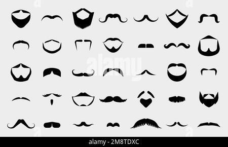 Schwarze Schnurrbart- und Bartsymbole. Lustige, alte Schnurrbärte, alte Männerfrisur. Bärtige Silhouetten, ein abgelegener, lustiger Hipster-Friseurladen Stock Vektor