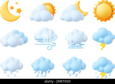 Plasticine 3D Wettersymbole, Renderstil Sonne, Kumulus und Schneeflocken. Trendige, flauschige Luftblasen Wolken, Windsymbol, Regentropfen. Isolierte Vektorgruppe Stock Vektor