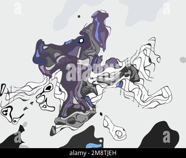 Abstrakter Hintergrund mit Flecken und Linien in grau-violett-schwarzer Tonalität. Dynamische Spritzer und Gitter für Stoffe, Texturen, Innenraumlösungen, Abdeckungen Stockfoto