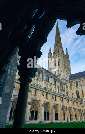 Norwich Cathedral Spire und südlicher Quer der Norwich Cathedral aus Sicht der Kloster Stockfoto