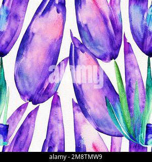 Ein nahtloses Muster der wässrigen lilavendelfarbenen Blüten auf weißem Hintergrund Stockfoto