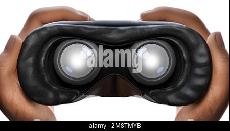 VR-Brille in Händen und Augenlinsen mit Glanzeffekt – 3D-Darstellung, isoliert auf weißem Hintergrund Stockfoto