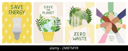 Set von Save the Planet Ökologie Karten. Energie sparen, den Planeten retten, keine Verschwendung, glücklicher Tag der Erde, Umweltverbesserungskonzept. Handgezeichneter Öko-Freund Stock Vektor