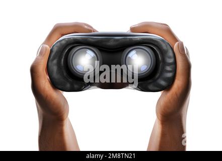 VR-Brille in Händen und Augenlinsen mit Glanzeffekt – 3D-Darstellung, isoliert auf weißem Hintergrund Stockfoto