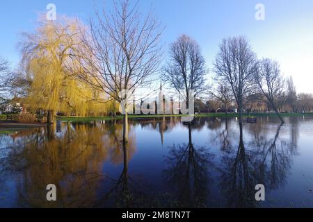 Der Fluss Avon in Salisbury Wiltshire platzt seine Ufer nach Wochen sintflutartiger Regenfälle im Südwesten des Vereinigten Königreichs bis Januar 2023. Zu Beginn des Neujahrs 2023 gab es Wochen des Regens, in denen die Flüsse in Großbritannien ihre Ufer zu platzen begannen. Der Fluss Avon gehörte dazu. Stockfoto