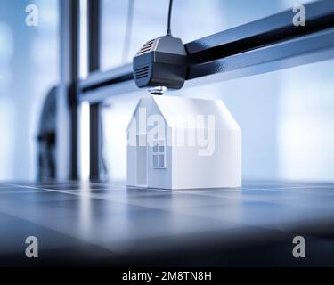 3D-Druckkonzept für Einfamilienhaus. Symbolisches Gebäude mit moderner Technologie. 3D Abbildung. Stockfoto