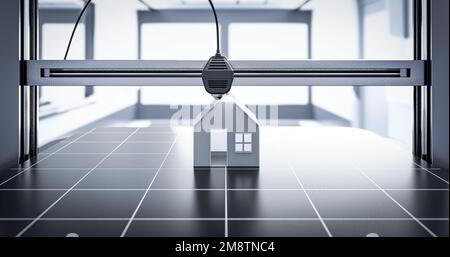 3D-Druckkonzept für Einfamilienhaus. Symbolisches Gebäude mit moderner Technologie. 3D Abbildung. Stockfoto