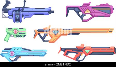 Cartoon-Waffen. Futuristische Comic-Pistolen und -Pistolen Space Blaster Spielzeuge für Kinder mit exakten, vektorfarbenen Vorlagen Stock Vektor