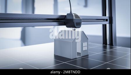 3D-Druckkonzept für Einfamilienhaus. Symbolisches Gebäude mit moderner Technologie. 3D Abbildung. Stockfoto