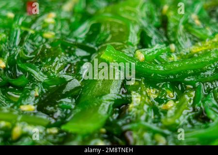 Köstlicher marinierter grüner Algensalat mit Sesamsamen aus nächster Nähe Stockfoto
