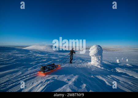 Skitour im Pallas-Yllästunturi-Nationalpark, Muonio, Lappland, Finnland Stockfoto