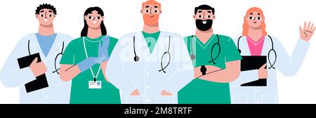 Ärzte zusammen, Mediziner zusammen. Verschiedene Ärzte und Krankenschwestern, professionelles Krankenhauspersonal. Chirurgen-Studenten, Karriere im Gesundheitsvektor Stock Vektor