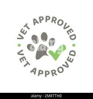 Vektoraufkleberstempel mit tierärztlicher Zulassung. Tierarzt ok mit Häkchen- und Hundepfoten-Aufdruck. Stock Vektor