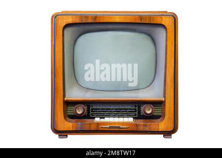 Retro-fernseher mit Holzgehäuse, isoliert auf weißem Hintergrund. Retro-Fernsehen Stockfoto