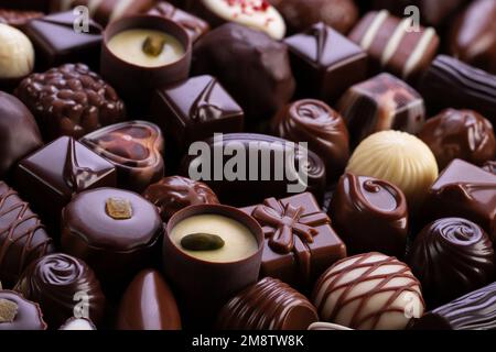 Verschiedene Schokoladenbonbons im Hintergrund, süßes Essen, Draufsicht. Stockfoto