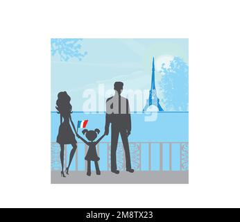 Silhouette einer glücklichen Familie, die Paris besucht Stock Vektor