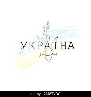 Gelbblaue Flagge der Ukraine - Krieg in der Ukraine. Patriotische Linien-Kunst-Tattoo. Ukrainischer Dreizack mit Weizenstacheln und ukrainischer Inschrift Stockfoto
