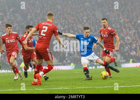 Glasgow, Großbritannien. 15. Januar 2023. Das zweite Halbfinale des Scottish League Cup (Viaplay Cup) zwischen Rangers und Aberdeen fand in Hampden Park, Glasgow, Schottland, Großbritannien, statt. Der Gewinner dieses Spiels spielt am 26. Februar Celtic im Finale. Wird auch in Hampden gespielt. Kredit: Findlay/Alamy Live News Stockfoto