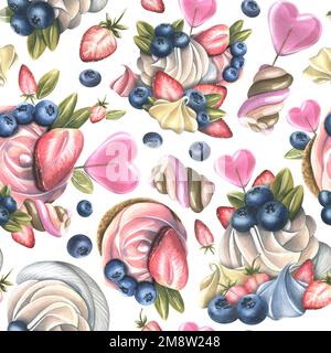 Cream Cakes mit Marshmallows, Baiser, Erdbeeren, Blaubeeren und Lutscher. Aquarelldarstellung. Nahtloses Muster auf weißem Hintergrund von Stockfoto