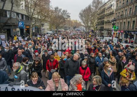 Tausende schließen sich einem Protest an, der hauptsächlich von medizinischen Grundkräften und pädiatrischen Fachkräften in Madrid, Spanien, durchgeführt wird. Demonstranten sind besorgt über die Verschlechterung der öffentlichen medizinischen Versorgung in der Region. Die Bewohner von Madrid sind Zeugen langer Warteschlangen in Den A&E-Abteilungen, und das System steht kurz vor der Überlastung. Mitarbeiter im Gesundheitswesen benötigen mehr Personal, Zimmer und Krankenwagen. Demonstranten kritisierten die Gesundheitspolitik der Präsidentin der Region Madrid, Isabel Díaz Ayuso. Carmen Esbrí, Sprecherin der Vereinigung Mesa en Defensa de la Sanidad Publica en Madrid, erklärte, dass etwa 200, Stockfoto