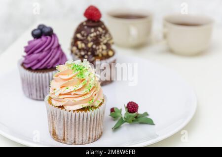 Bunte Cupcakes mit Sahne-Zuckerguss und Beeren. Heidelbeeren, Schokolade und Vanille-Cupcakes. Dekoriertes Dessert. Gemischte Cupcakes Stockfoto