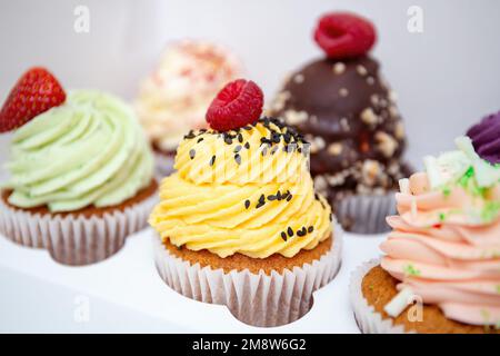 Farbenfrohe Cupcakes mit Sahne-Zuckerguss und Beeren. Partybox mit Obst und Beeren-Muffins. Süßes Geschenk, verschiedene Cupcakes Stockfoto