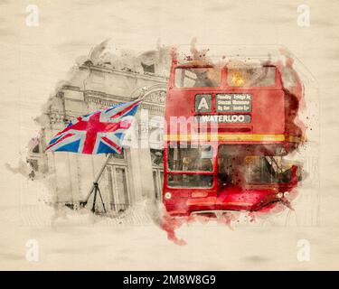 Aquarelleindruck eines alten alten Doppeldeckerbusses mit Ziel Waterloo vor der Flagge des Vereinigten Königreichs, die auf einem weißen Wrack winkt Stockfoto