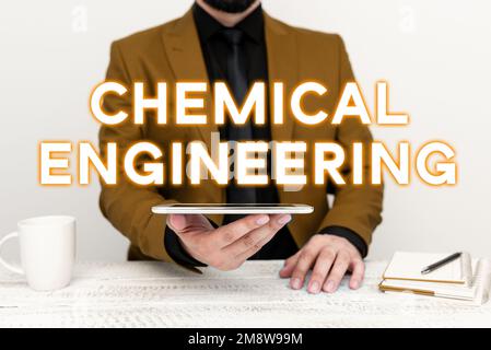 Textbeschriftung zur Darstellung der Chemietechnik. Geschäftsüberblick Entwicklung von Dingen, die sich mit der industriellen Anwendung der Chemie befassen Stockfoto